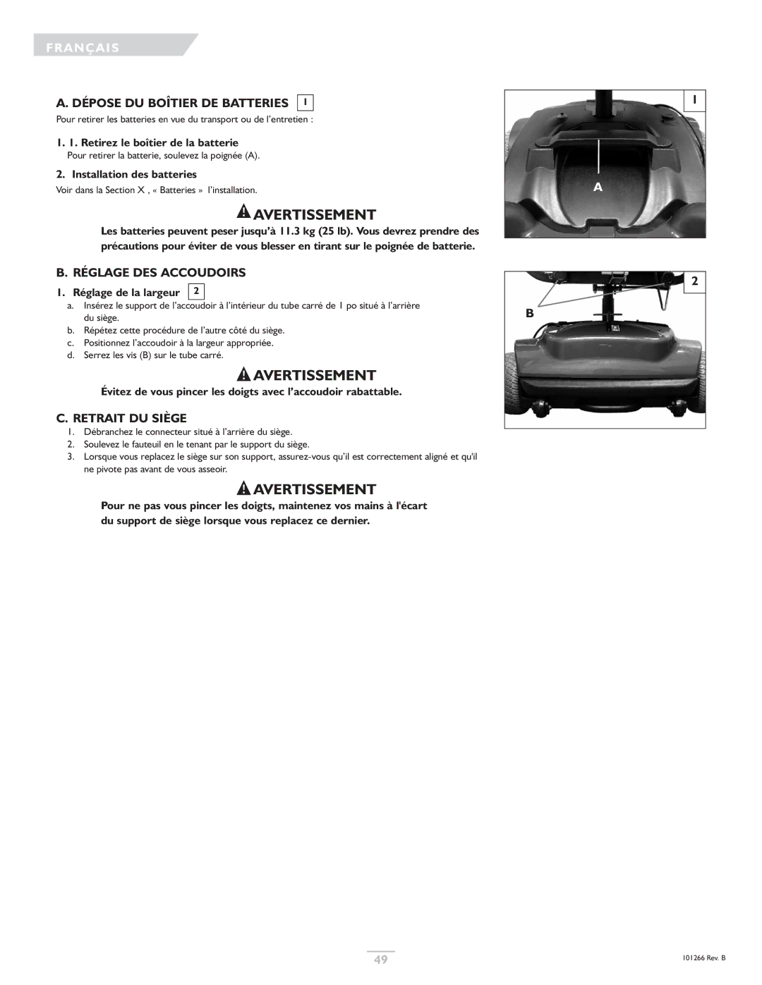 Sunrise Medical Quickie, Sterling owner manual Dépose DU Boîtier DE Batteries, Réglage DES Accoudoirs, Retrait DU Siège 