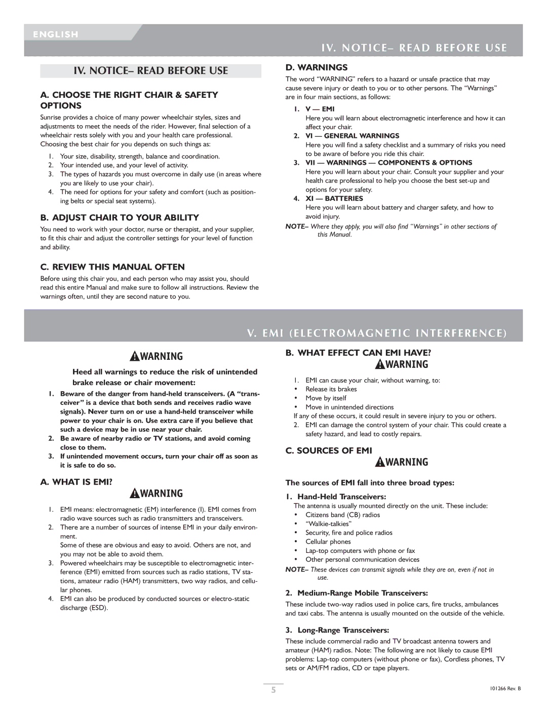 Sunrise Medical Quickie, Sterling owner manual IV. NOTICE- Read Before USE, EMI Electromagnetic Interference 