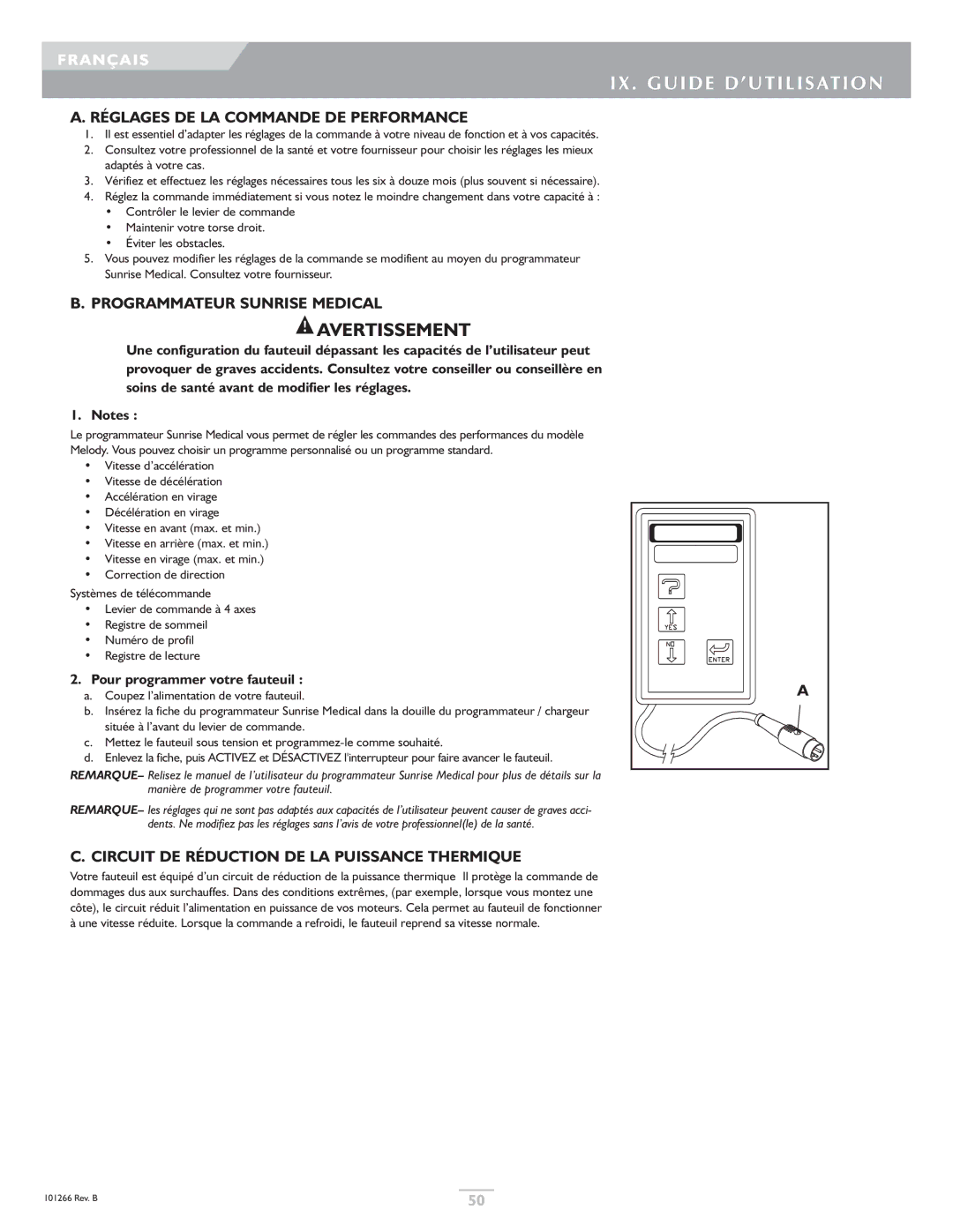 Sunrise Medical Sterling IX. Guide D’UTILISATION, Réglages DE LA Commande DE Performance, Programmateur Sunrise Medical 