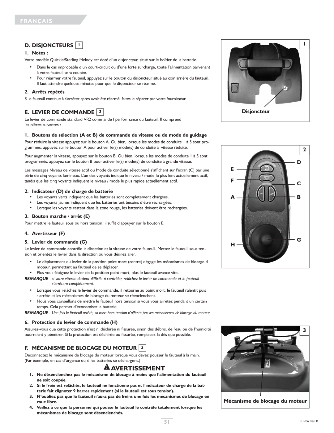 Sunrise Medical Quickie, Sterling owner manual Disjoncteurs, Levier DE Commande, Mécanisme DE Blocage DU Moteur 