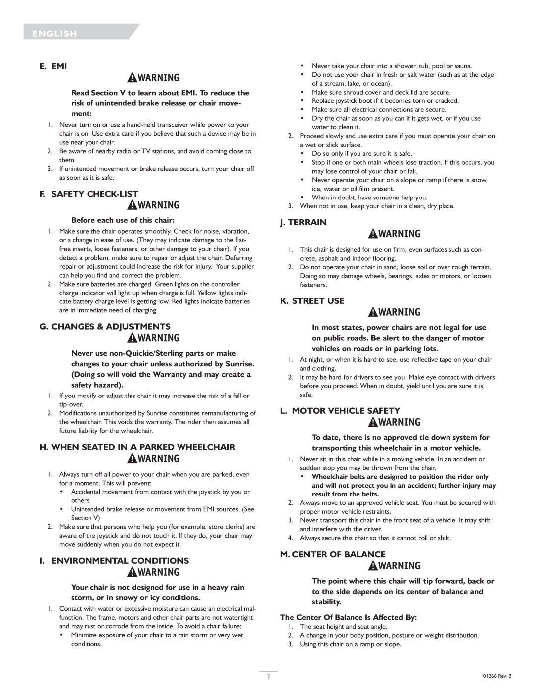 Sunrise Medical Quickie Emi, Safety CHECK-LIST, Changes & Adjustments, When Seated in a Parked Wheelchair, Terrain 