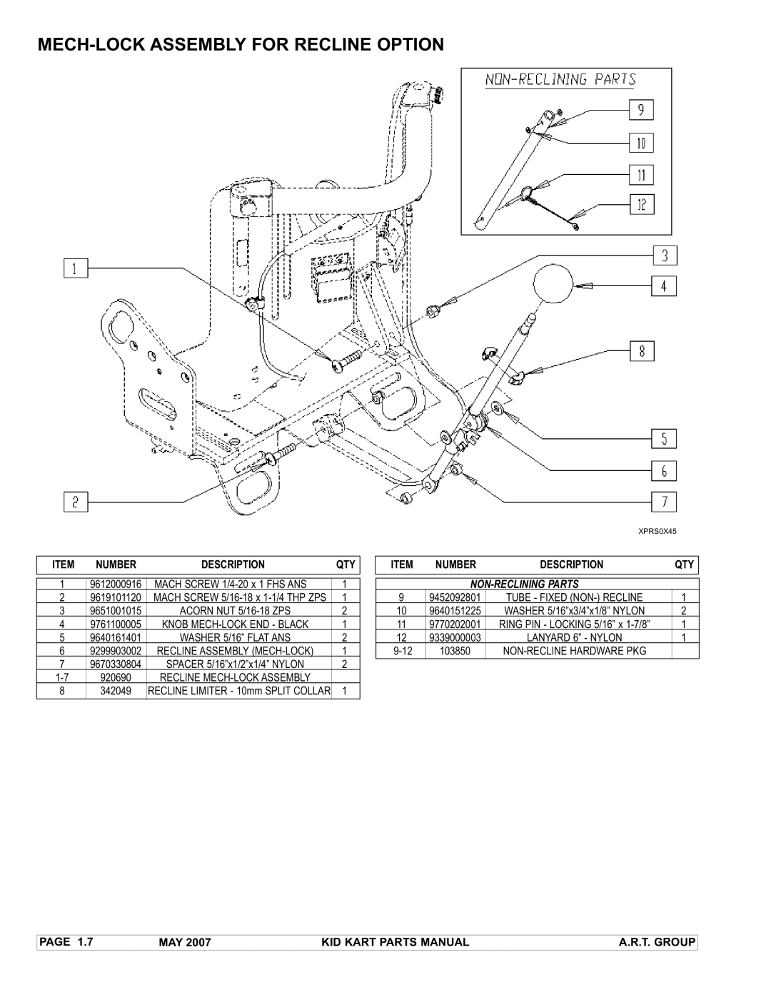 Sunrise Medical Stroller manual MECH-LOCK Assembly for Recline Option, NON-RECLINING Parts 