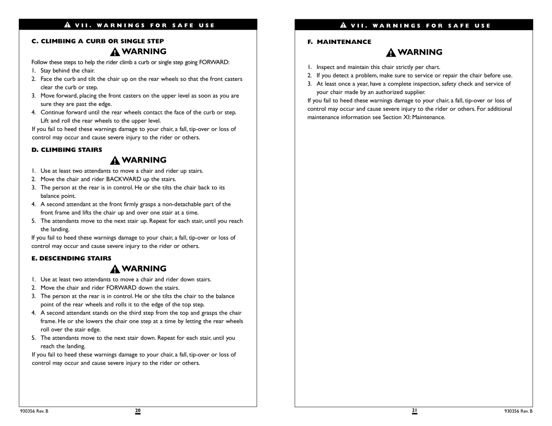 Sunrise Medical T45 instruction manual Climbing a Curb or Single Step, Climbing Stairs, Descending Stairs, Maintenance 