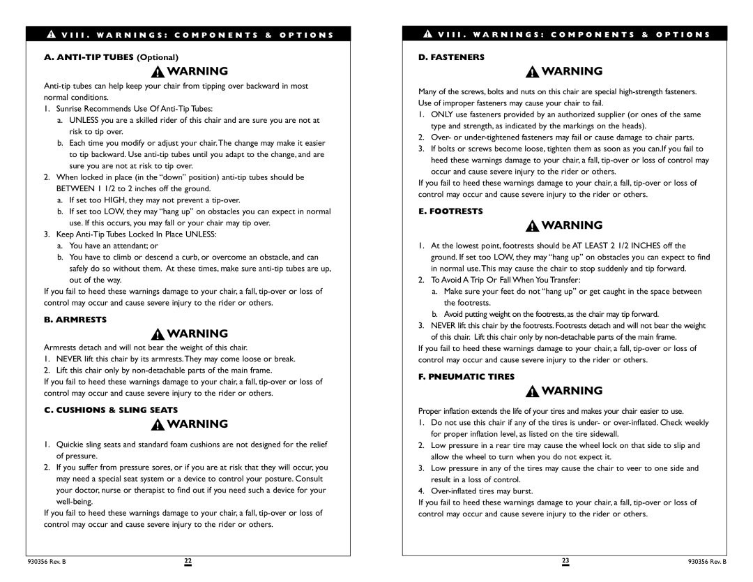 Sunrise Medical T45 instruction manual Armrests, Cushions & Sling Seats, Fasteners, Footrests, Pneumatic Tires 