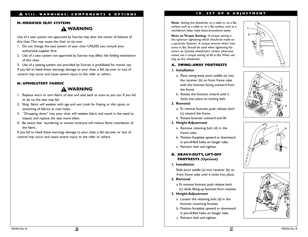 Sunrise Medical T45 instruction manual Modified Seat Systems, Upholstery Fabric, SWING-AWAY Footrests 
