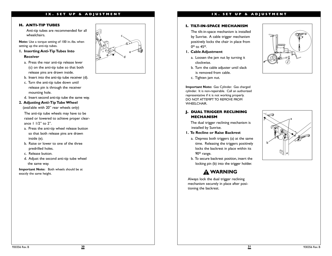 Sunrise Medical T45 instruction manual ANTI-TIP Tubes, TILT-IN-SPACE Mechanism, Dual Trigger Reclining Mechanism 