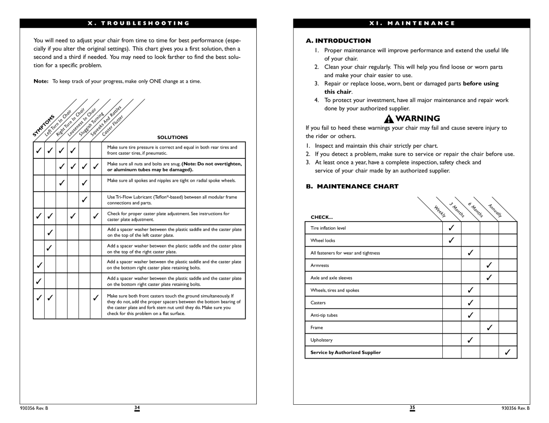 Sunrise Medical T45 instruction manual Introduction, Maintenance Chart 