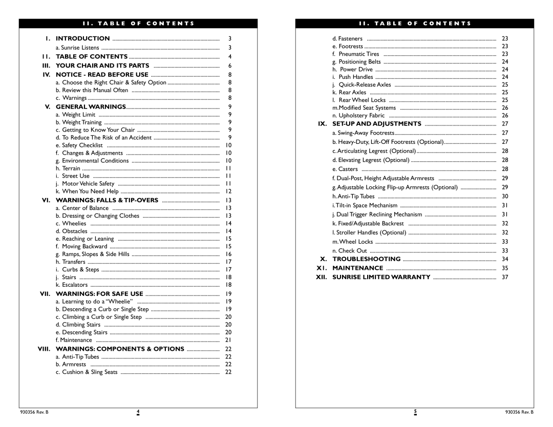 Sunrise Medical T45 instruction manual VIII. Warnings Components & Options, Xii 