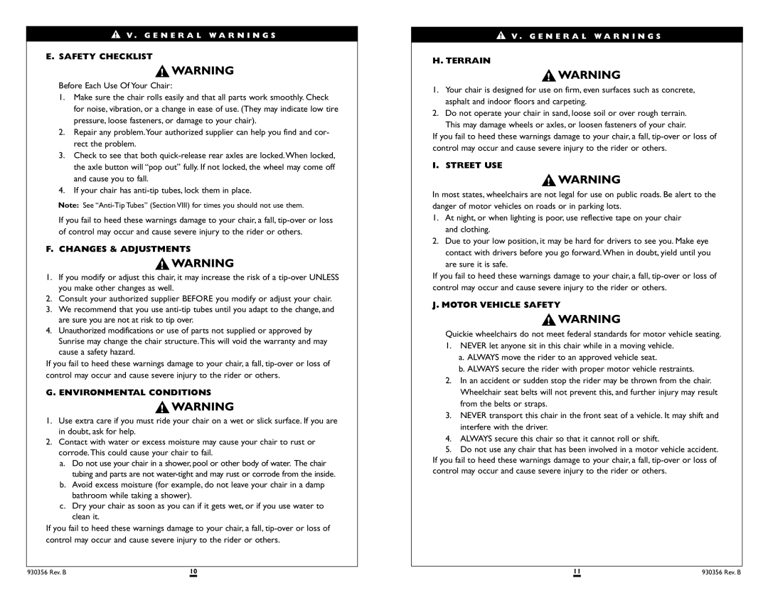 Sunrise Medical T45 Safety Checklist, Changes & Adjustments, Environmental Conditions, Terrain, Street USE 