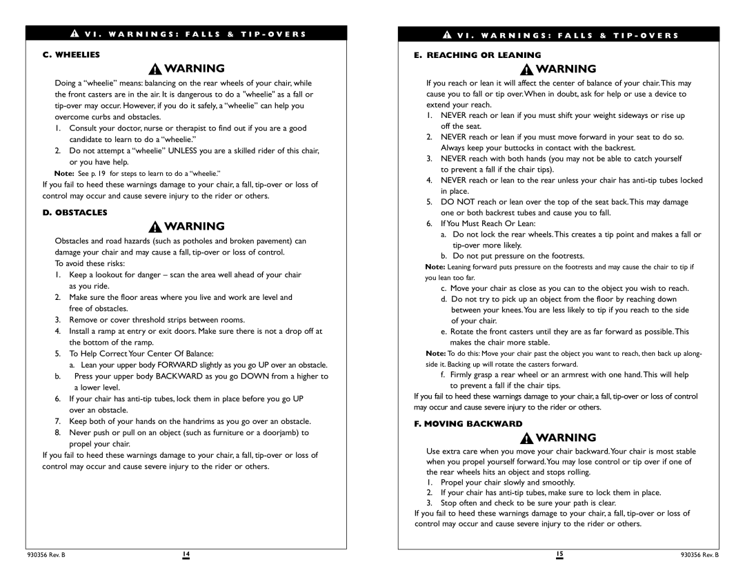 Sunrise Medical T45 instruction manual Wheelies, Obstacles, Reaching or Leaning, Moving Backward 