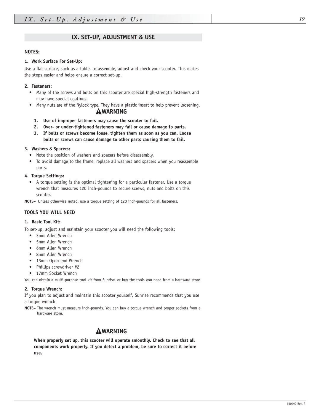 Sunrise Medical 4, Trek 3 instruction manual IX. SET-UP, Adjustment & USE, Tools YOU will Need 