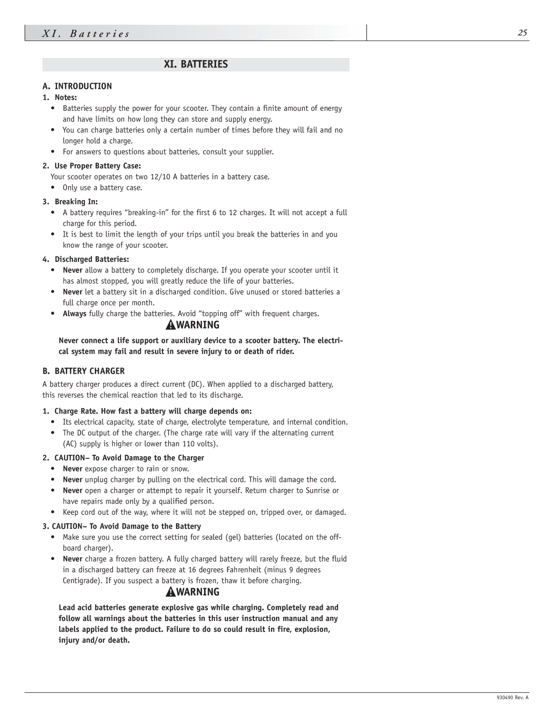 Sunrise Medical 4, Trek 3 instruction manual B a t t e r i e s, XI. Batteries, Introduction, Battery Charger 