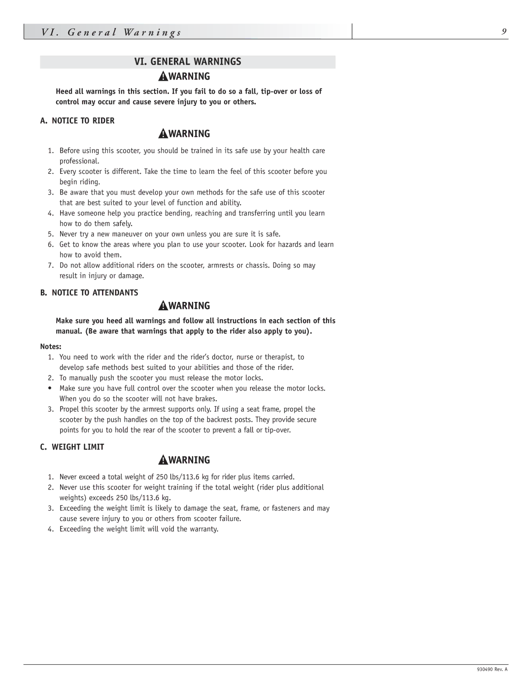 Sunrise Medical 4, Trek 3 instruction manual VI. General Warnings, Weight Limit 