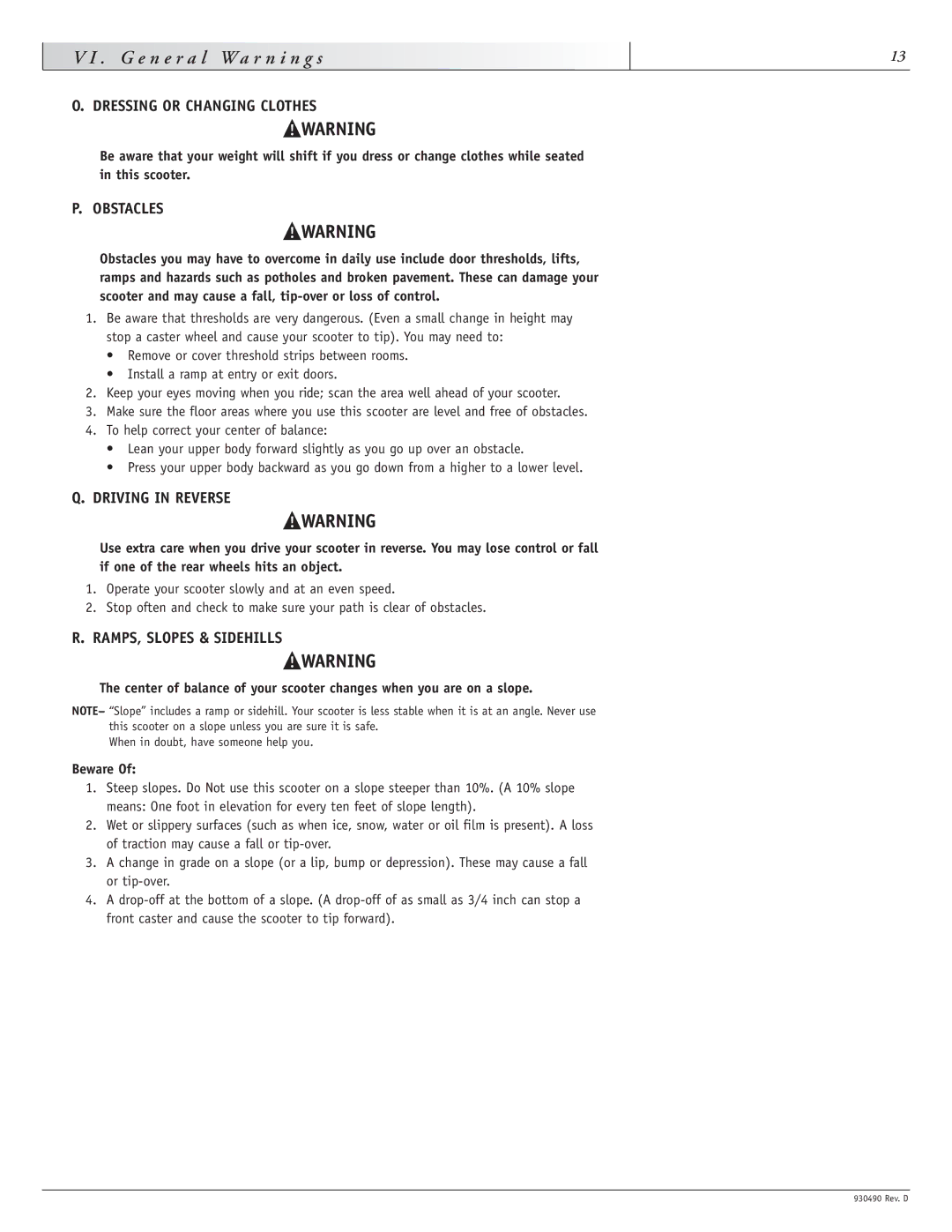 Sunrise Medical Trek 4 instruction manual Obstacles, Driving in Reverse, RAMPS, Slopes & Sidehills, Beware 