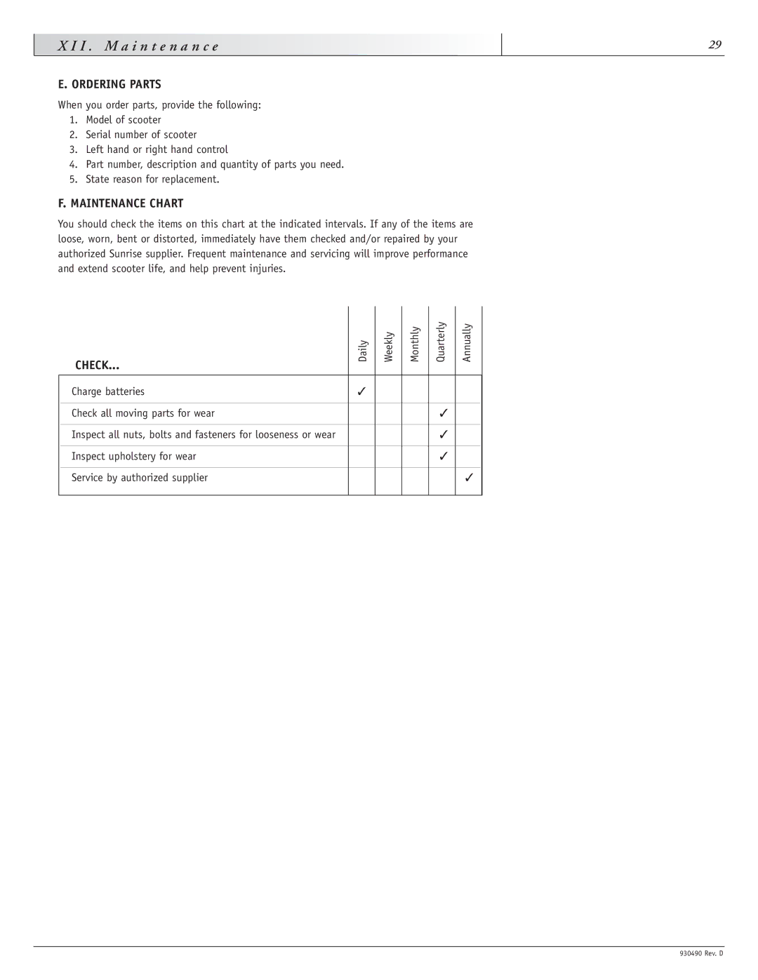 Sunrise Medical Trek 4 instruction manual Ordering Parts, Maintenance Chart, Check 