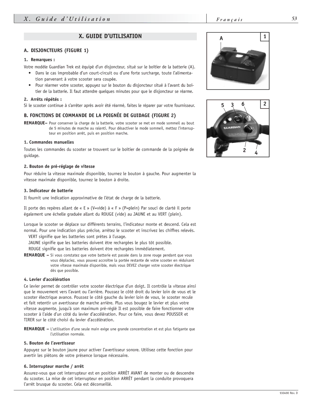 Sunrise Medical Trek 4 instruction manual I d e, Guide D’UTILISATION, Disjoncteurs Figure 