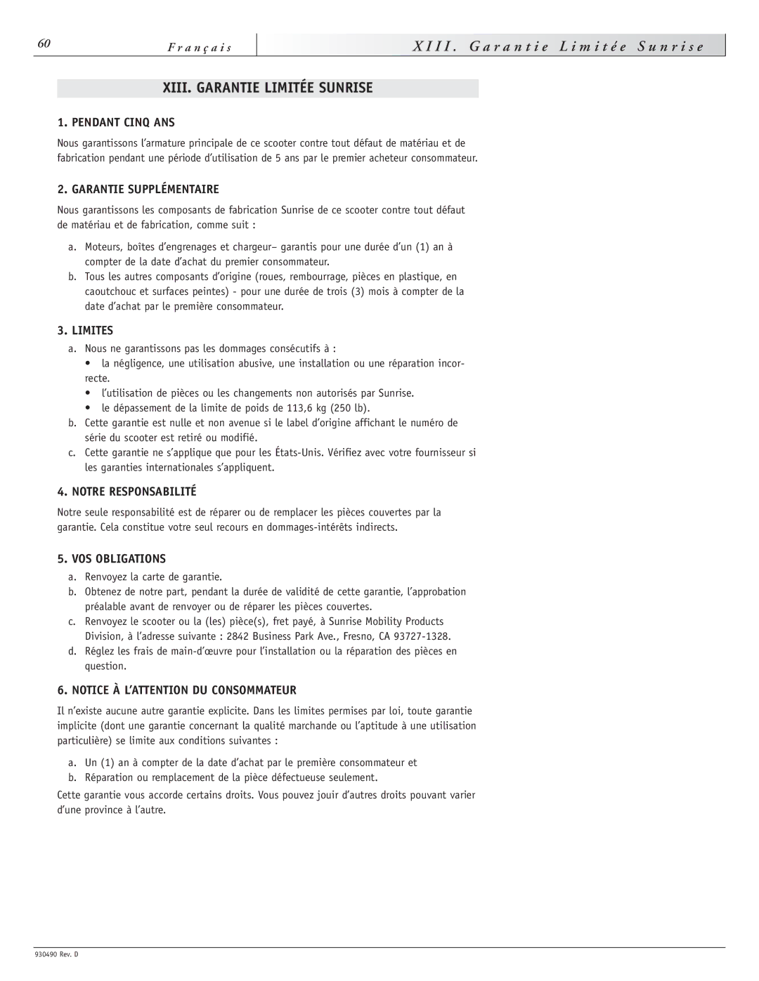 Sunrise Medical Trek 4 instruction manual I I . G a r a n t i e L i m i t é e S u n r i s e, XIII. Garantie Limitée Sunrise 