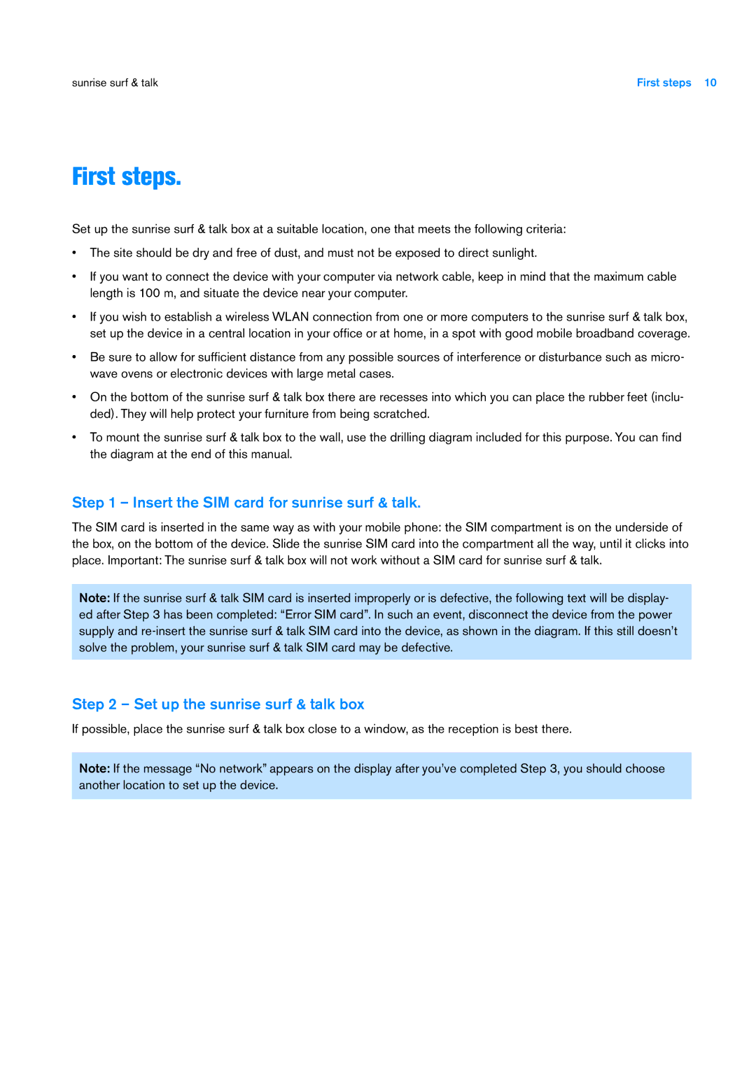 Sunrise Medical User Manual First steps, Insert the SIM card for sunrise surf & talk, Set up the sunrise surf & talk box 