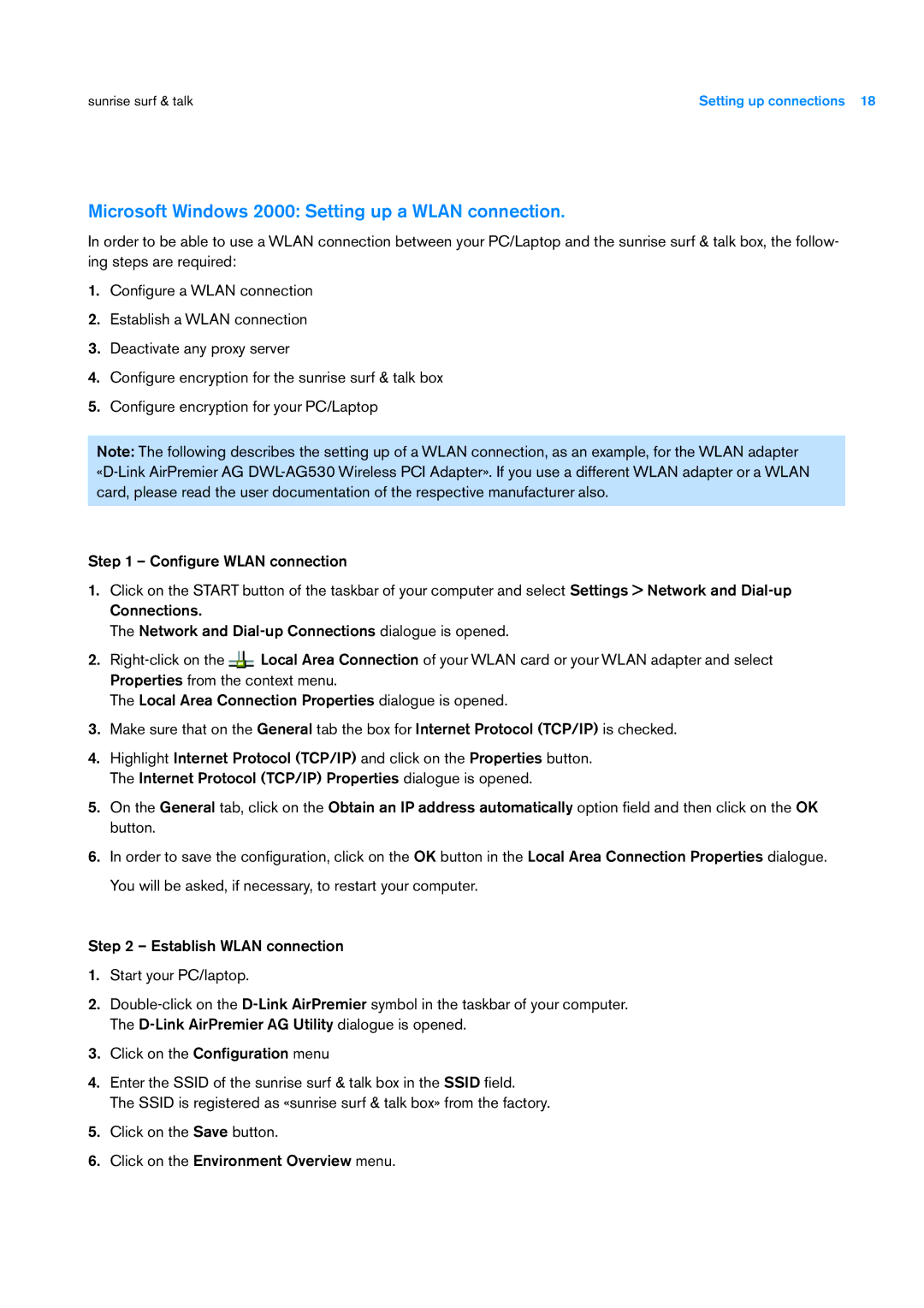 Sunrise Medical User Manual user manual Microsoft Windows 2000 Setting up a Wlan connection 