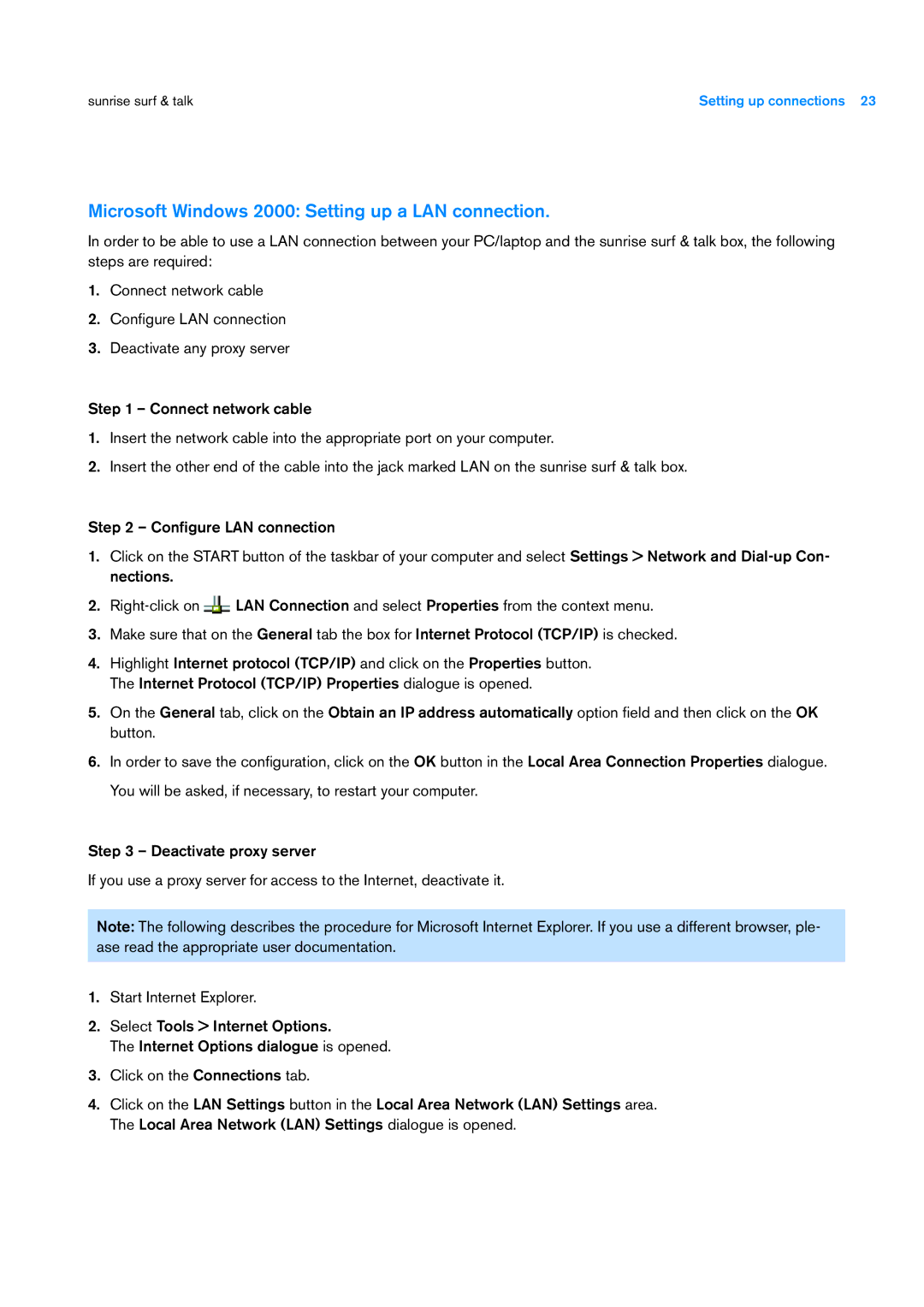 Sunrise Medical User Manual user manual Microsoft Windows 2000 Setting up a LAN connection 