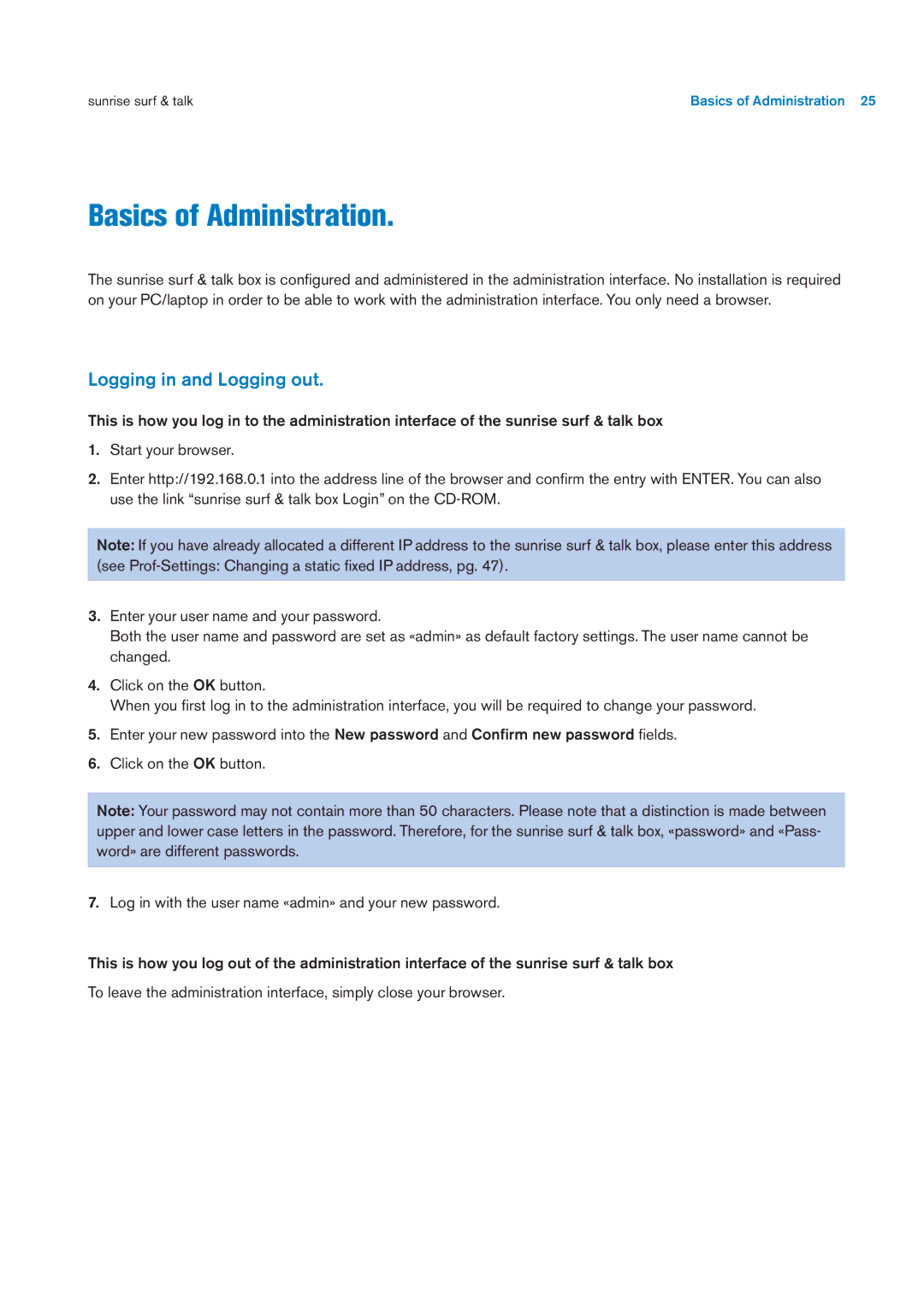 Sunrise Medical User Manual user manual Basics of Administration, Logging in and Logging out 