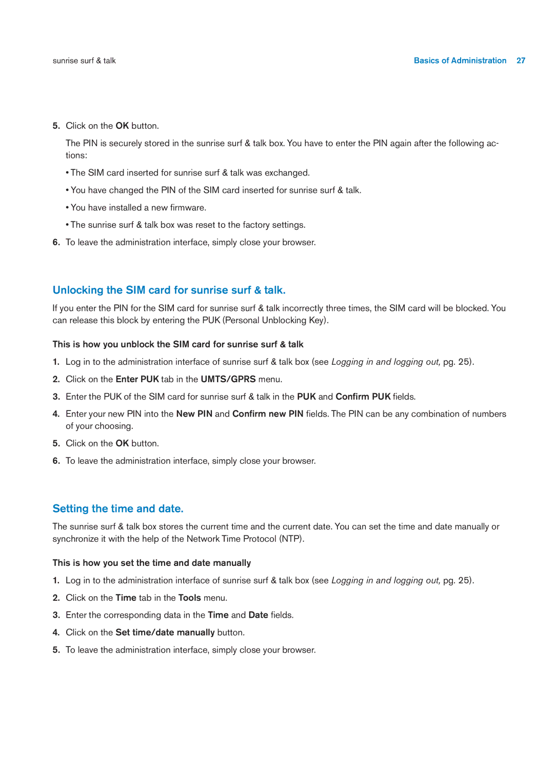 Sunrise Medical User Manual user manual Unlocking the SIM card for sunrise surf & talk, Setting the time and date 