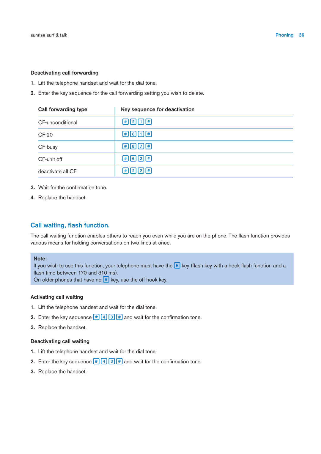 Sunrise Medical User Manual user manual Call waiting, ﬂash function 