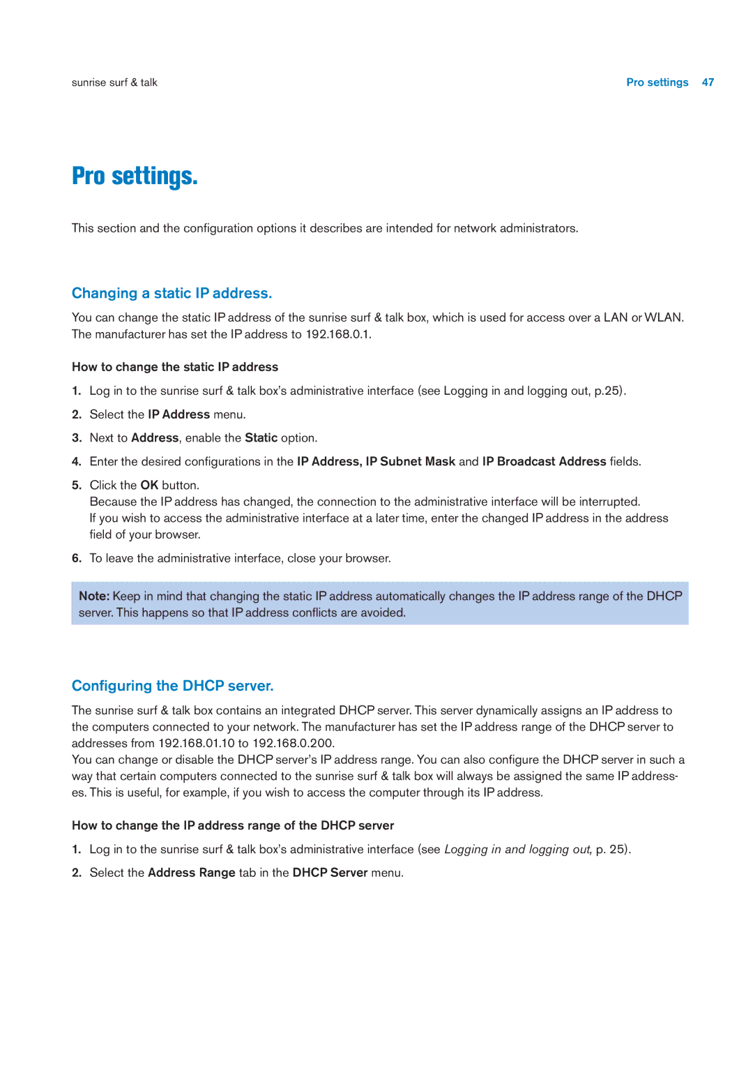 Sunrise Medical User Manual user manual Pro settings, Changing a static IP address, Conﬁguring the Dhcp server 