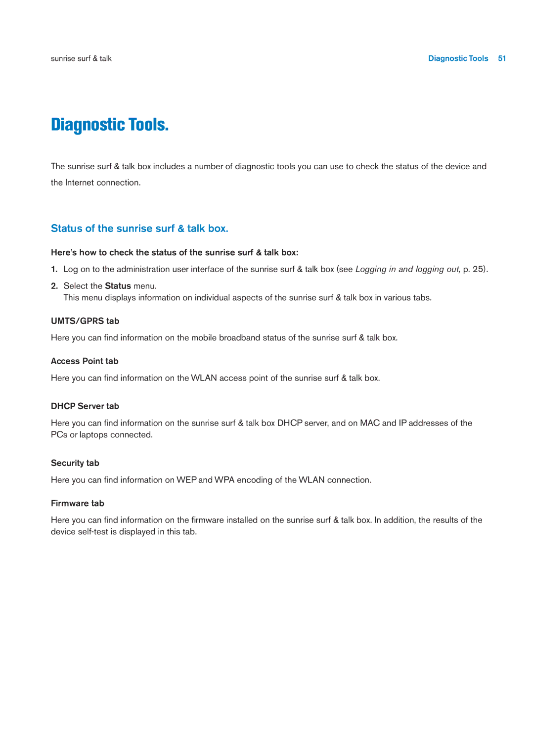 Sunrise Medical User Manual user manual Diagnostic Tools, Status of the sunrise surf & talk box 