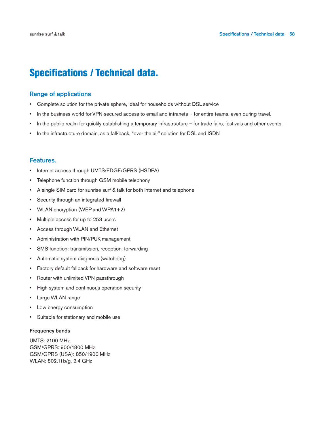 Sunrise Medical User Manual user manual Speciﬁcations / Technical data, Range of applications, Features 