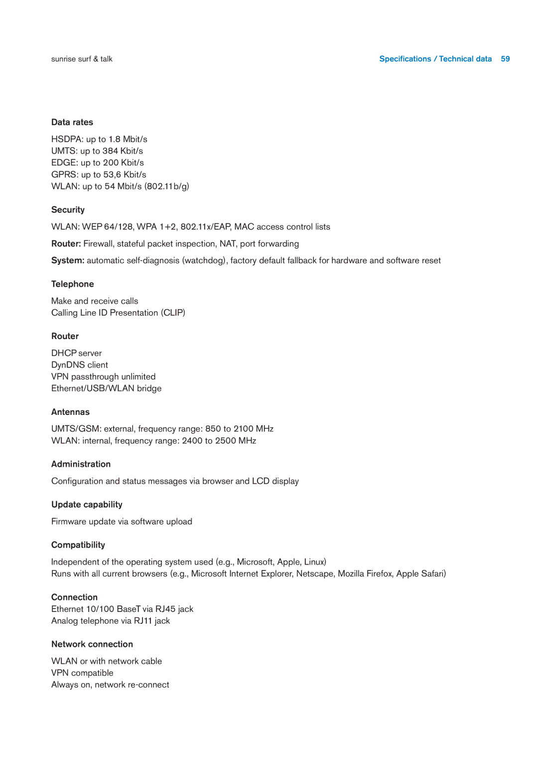 Sunrise Medical User Manual user manual Speciﬁcations / Technical data 