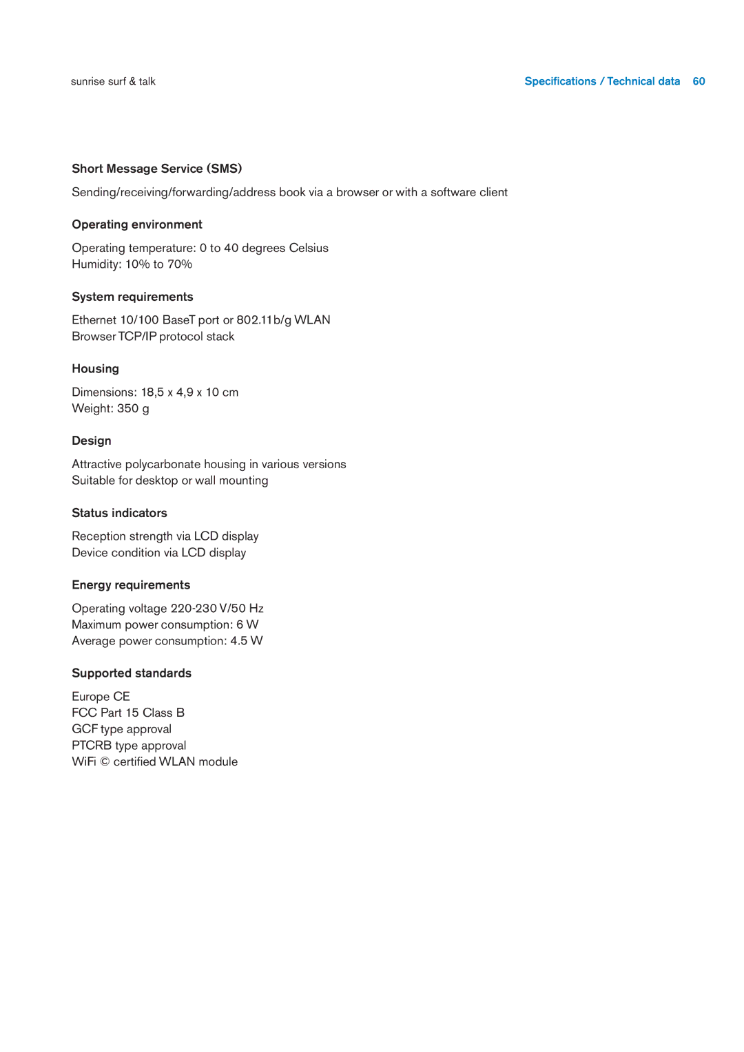 Sunrise Medical User Manual user manual Speciﬁcations / Technical data 