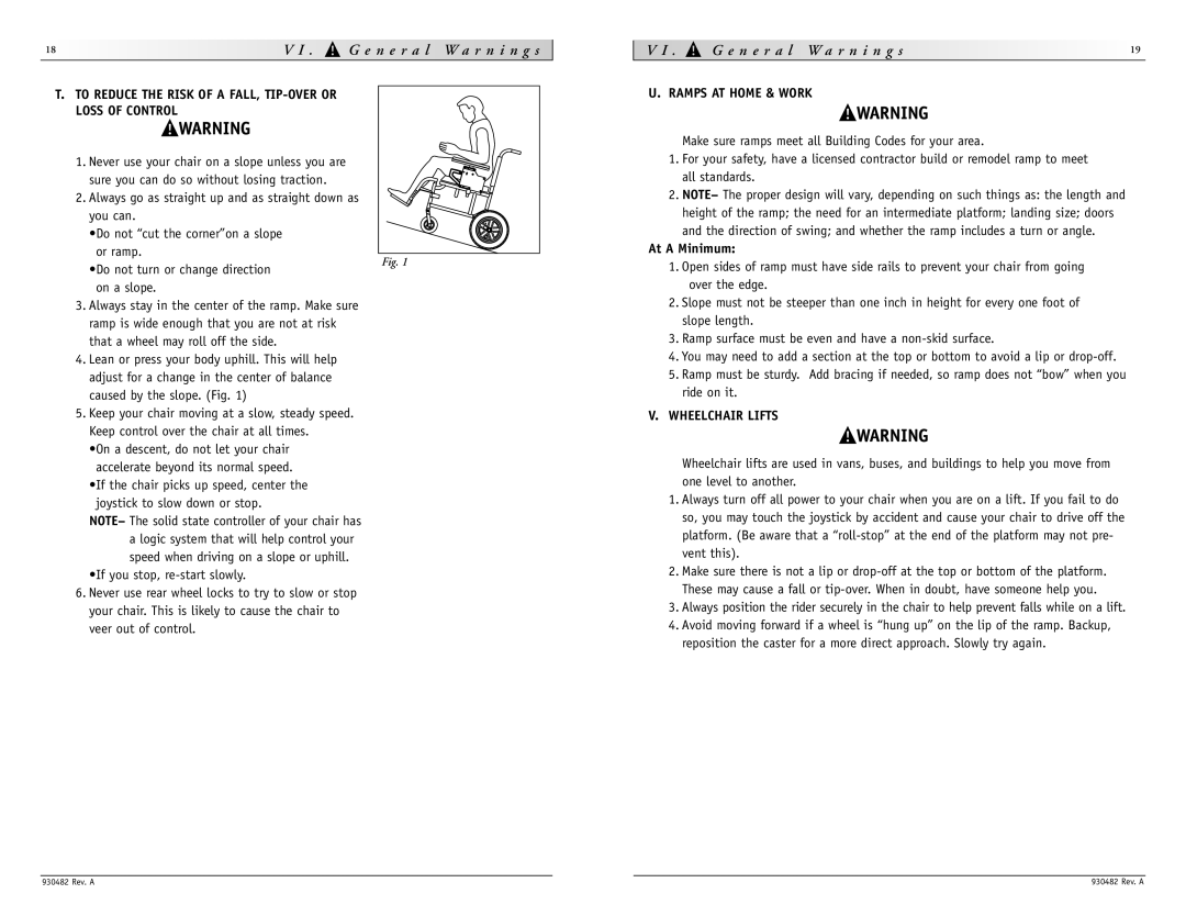 Sunrise Medical V-100 N e r a l W a r n i n g s, Loss of Control, Ramps AT Home & Work, At a Minimum, Wheelchair Lifts 