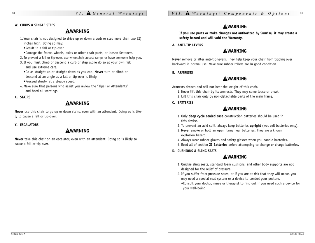 Sunrise Medical V-100 instruction manual R n i n g s C o m p o n e n t s & O p t i o n s 