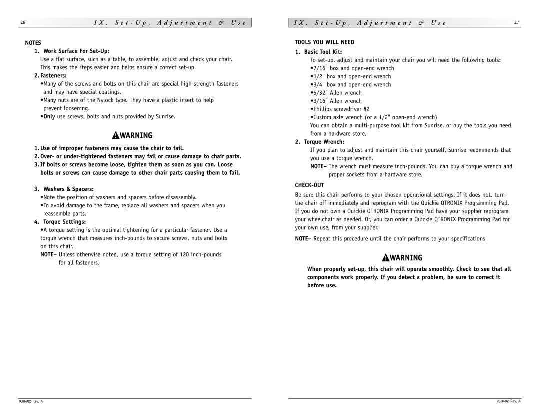 Sunrise Medical V-100 instruction manual S e t U p , a d j u s t m e n t & U s e, Tools YOU will Need, Check-Out 