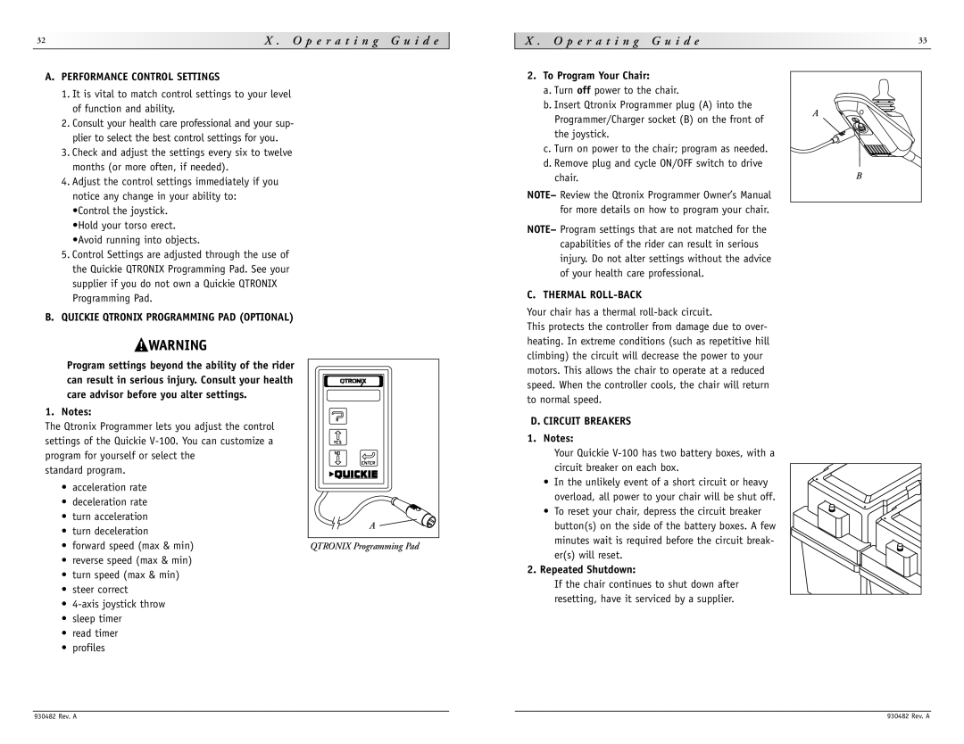 Sunrise Medical V-100 P e r a t i n g G u i d e, Performance Control Settings, Quickie Qtronix Programming PAD Optional 