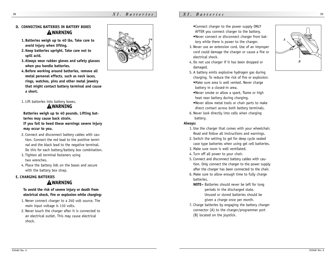 Sunrise Medical V-100 instruction manual Connecting Batteries in Battery Boxes, Charging Batteries, Always 