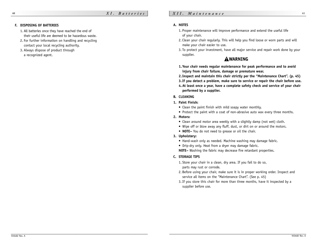 Sunrise Medical V-100 instruction manual I . M a i n t e n a n c e, Disposing of Batteries, Cleaning, Storage Tips 