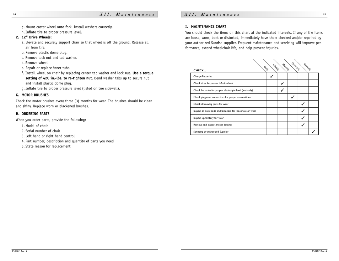 Sunrise Medical V-100 Maintenance Chart, Repair or replace inner tube, Install plastic dome plug, Motor Brushes 