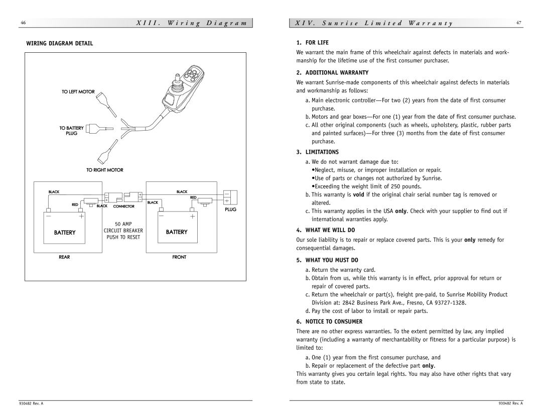 Sunrise Medical V-100 Wiring Diagram Detail, For Life, Additional Warranty, Limitations, What WE will do, What YOU Must do 