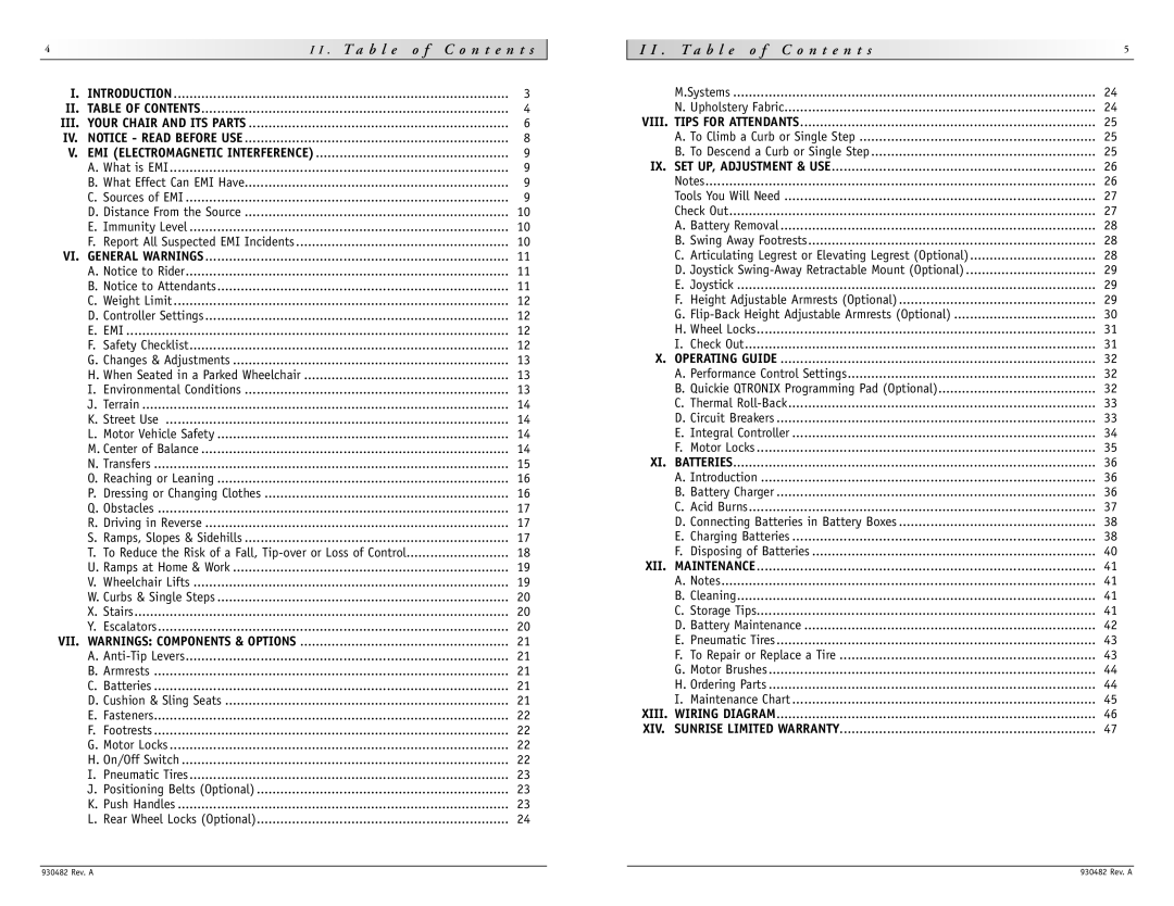 Sunrise Medical V-100 T a b l e o f C o n t e n t s, Weight Limit Controller Settings, Systems Upholstery Fabric 