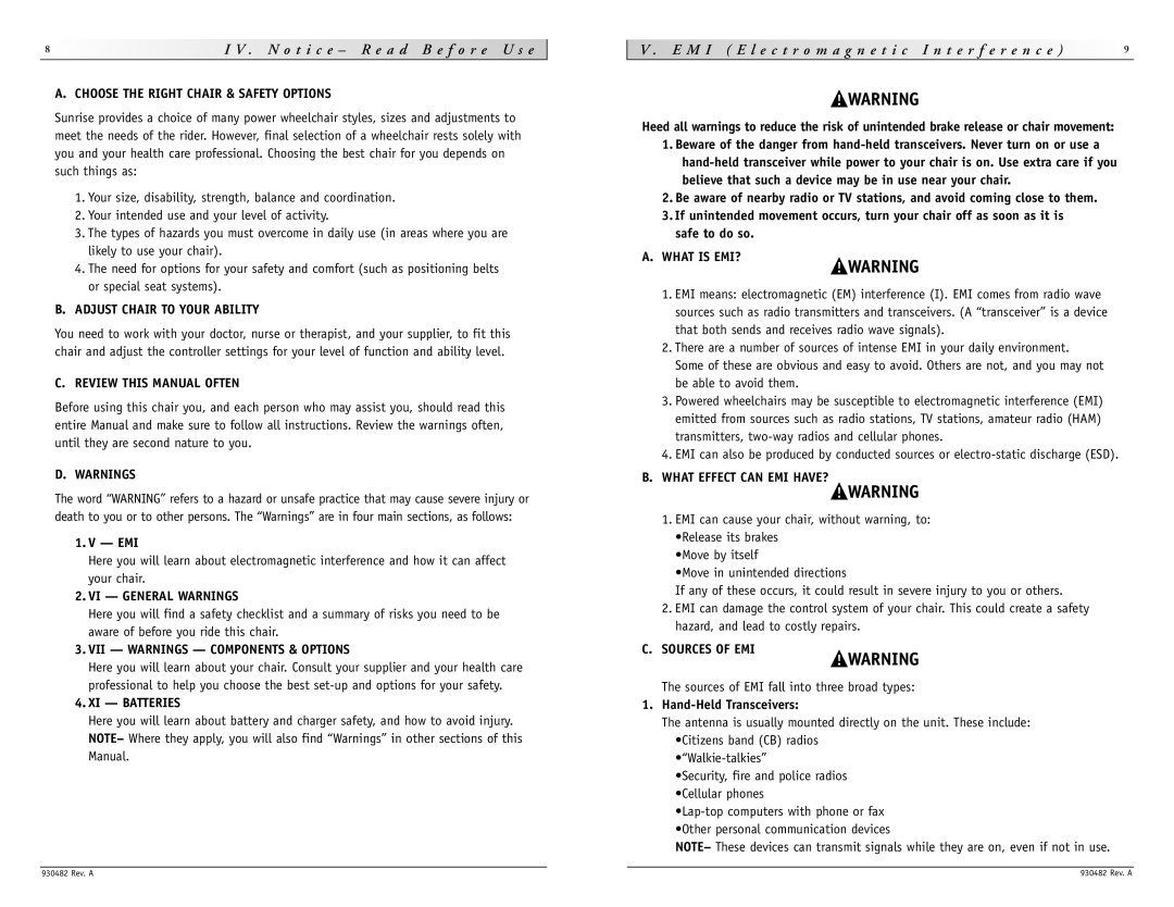 Sunrise Medical V-100 Choose the Right Chair & Safety Options, Adjust Chair to Your Ability, Review this Manual Often 