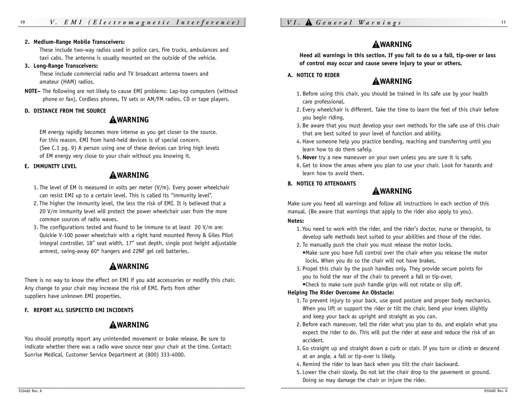 Sunrise Medical V-100 instruction manual G e n e r a l W a r n i n g s, Distance from the Source, Immunity Level 