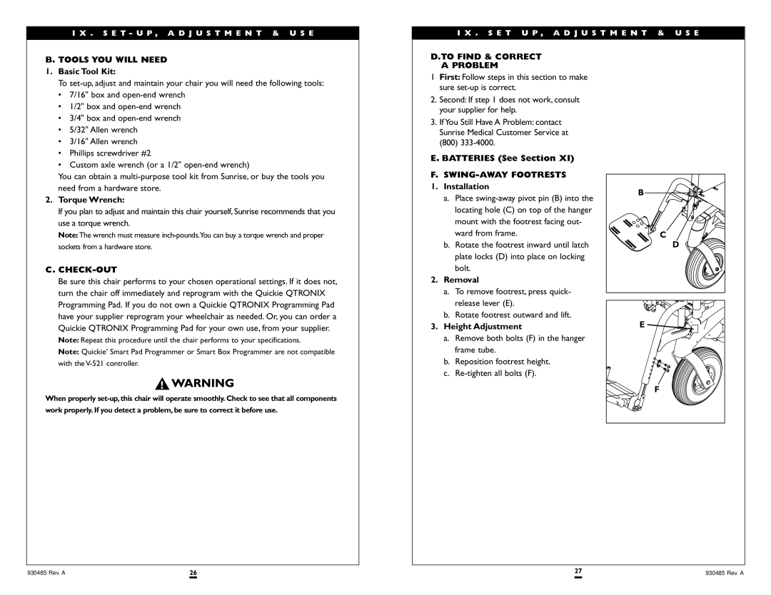 Sunrise Medical V-521 instruction manual Tools YOU will Need, To Find & Correct Problem, Check-Out, SWING-AWAY Footrests 