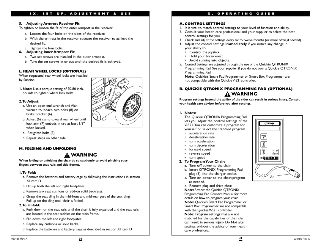 Sunrise Medical V-521 instruction manual Control Settings, Quickie Qtronix Programming PAD Optional, Folding and Unfolding 