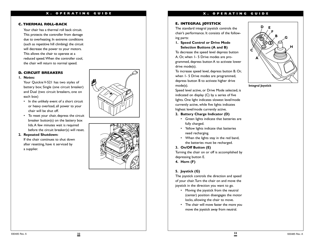 Sunrise Medical V-521 instruction manual Thermal ROLL-BACK, Circuit Breakers, Integral Joystick 