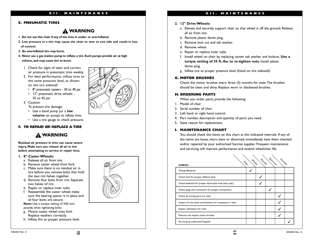 Sunrise Medical V-521 To Repair or Replace a Tire, Motor Brushes, Ordering Parts, Maintenance Chart, Caster Wheels 