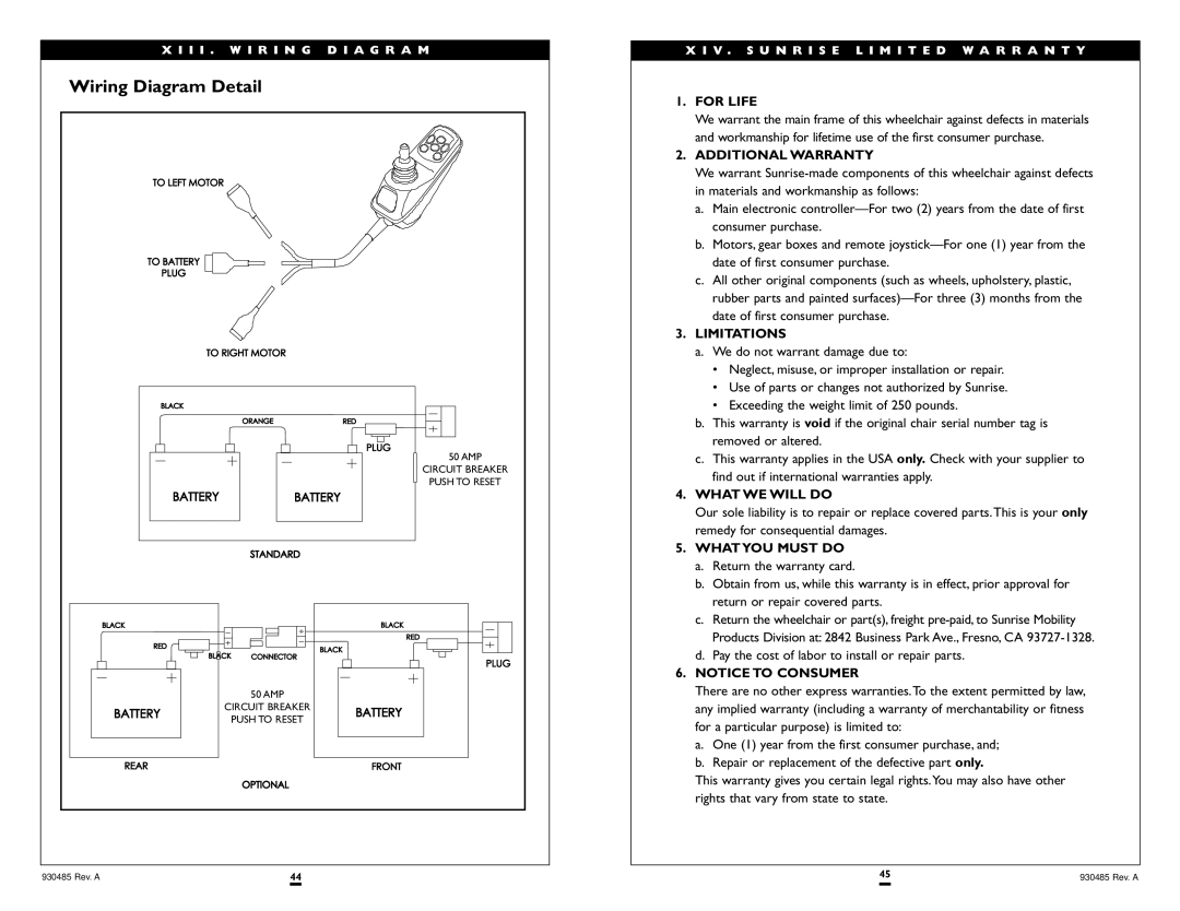 Sunrise Medical V-521 instruction manual For Life, Additional Warranty, Limitations, What WE will do, What YOU Must do 