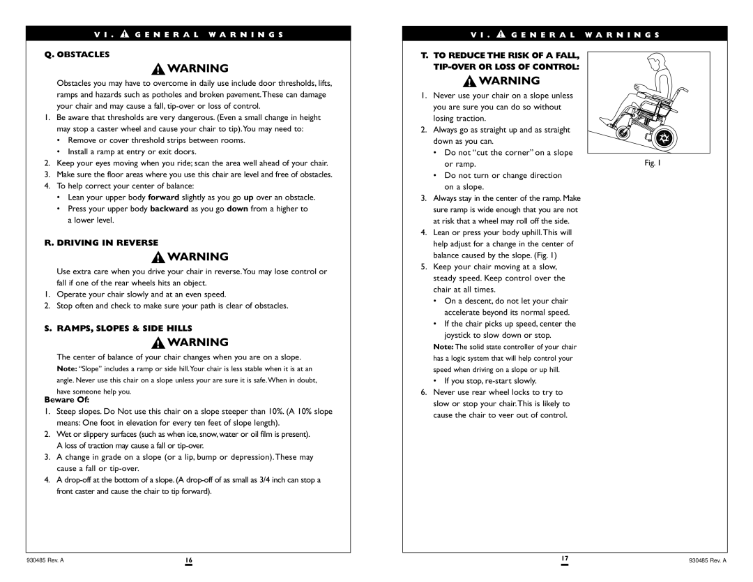 Sunrise Medical V-521 instruction manual Obstacles, Driving in Reverse, RAMPS, Slopes & Side Hills, Beware 