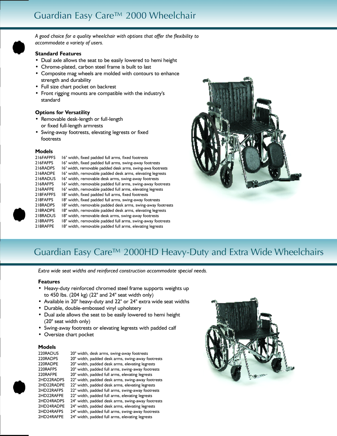 Sunrise Medical Wheelerchair manual Guardian Easy Care 2000 Wheelchair, Standard Features 